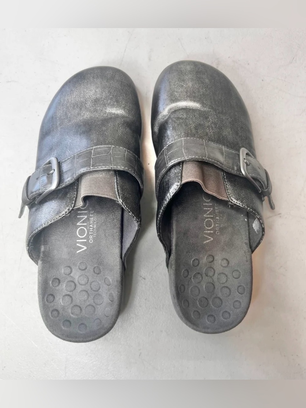 Vionic orthaheel martha buckle strap metallic vegan leather slip on mules size 6 - Picture 2 of 3